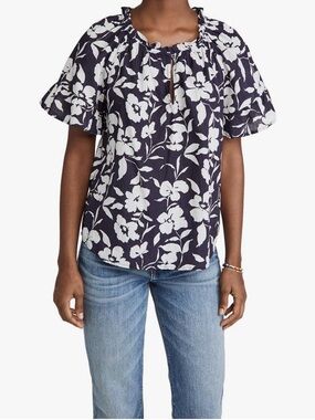 Velvet Navy and White Floral Peasant Top